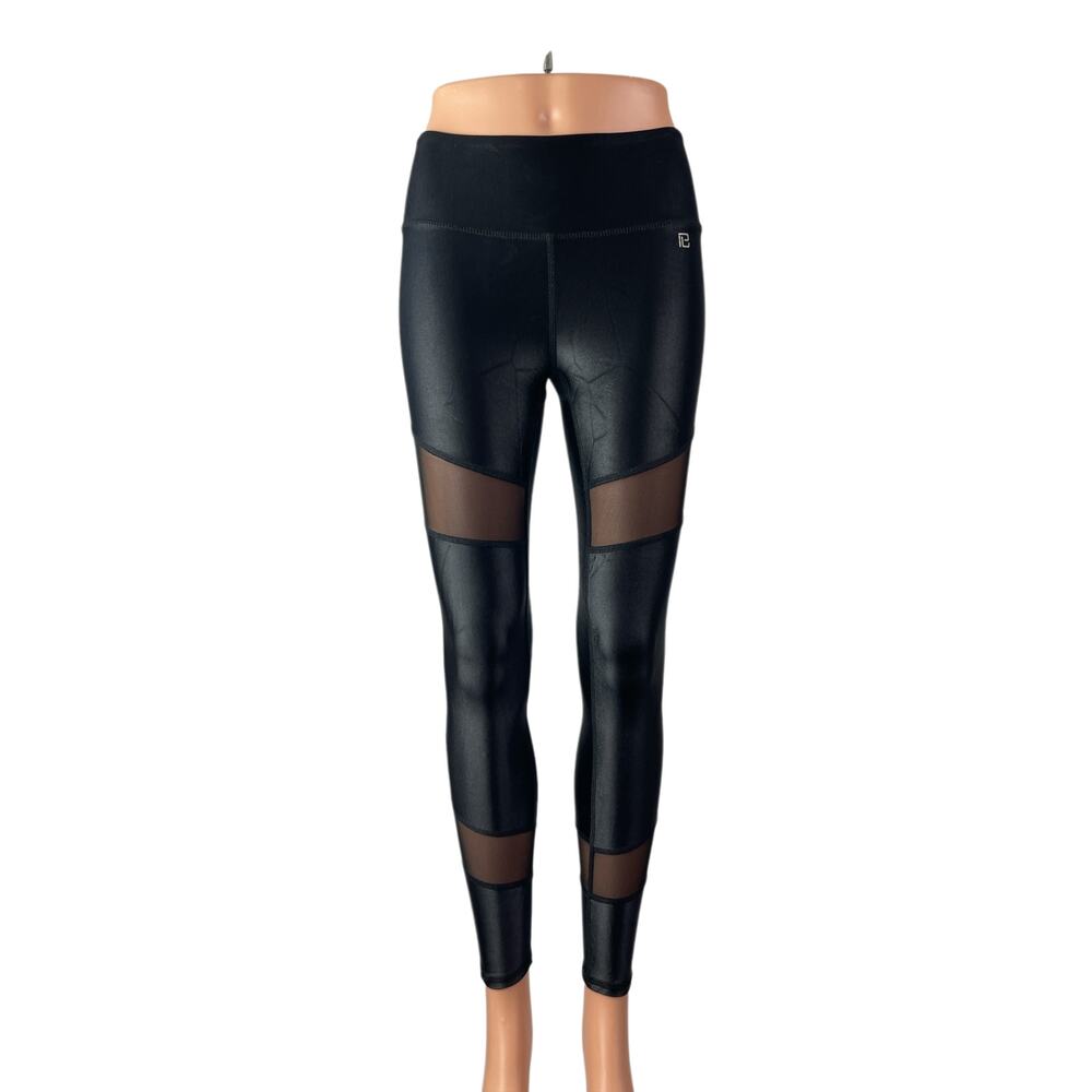 Body Language Women's Black Coated Mesh Trim Yoga Athletic Leggings Pants Size S